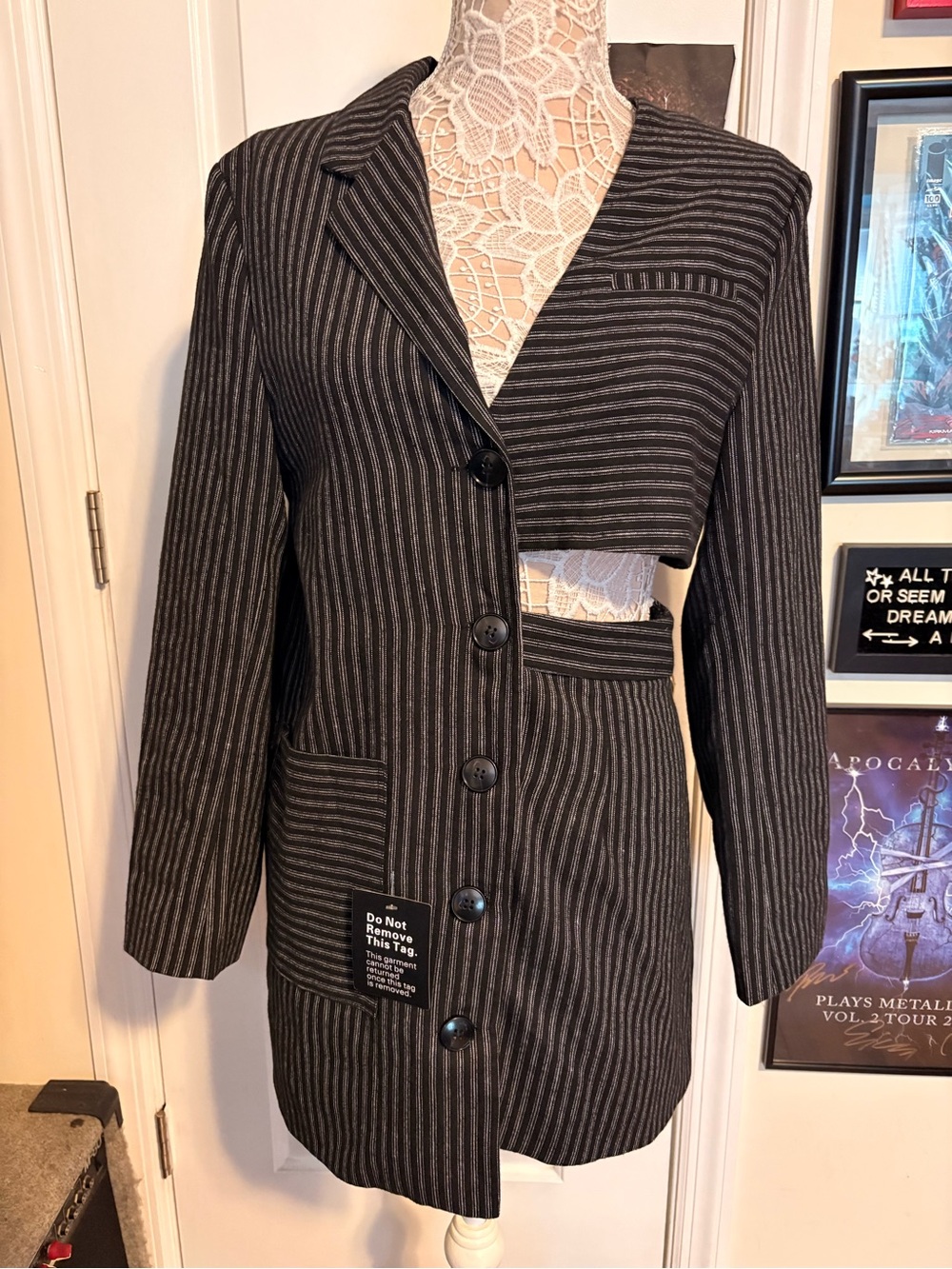 QUAINT Milana Pinstripe Cutout Blazer Dress NWT Black Sz 38 Medium